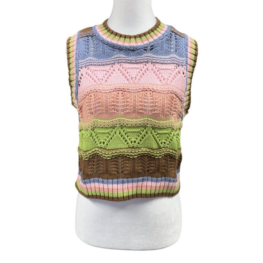Zara Multicolor Color Block Knit Crochet Sweater Vest Crop Size S